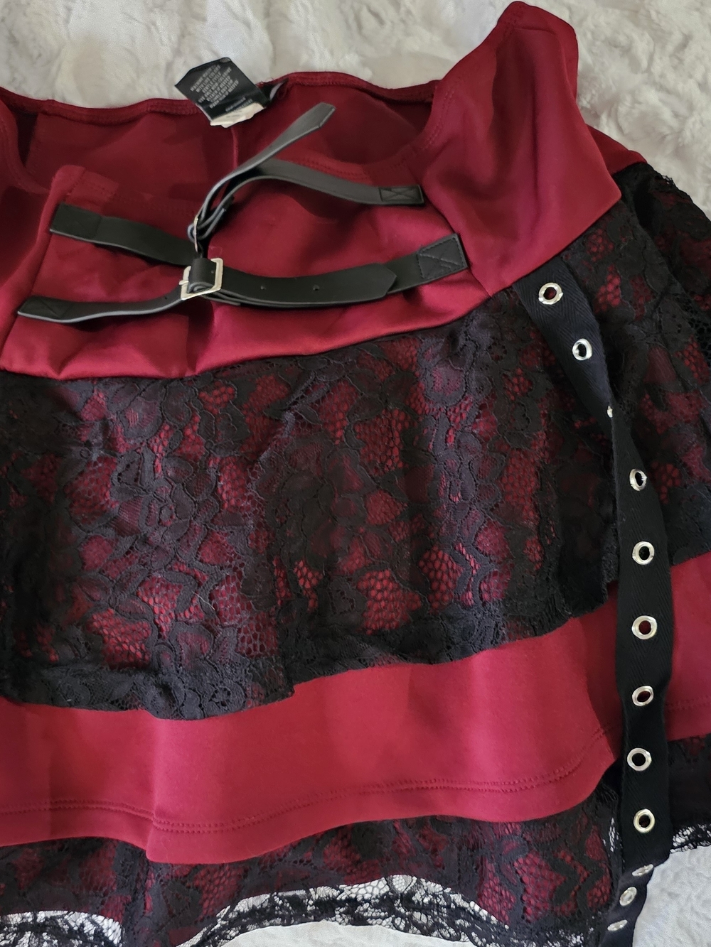 Women's Red Lace-Overlay Circle Skirt with Black Trim